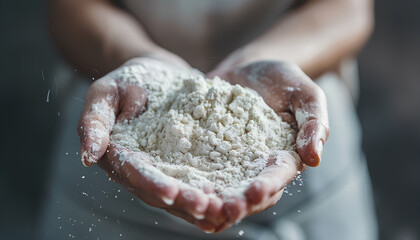 Flour in the woman's hands. Selective focus. Toned