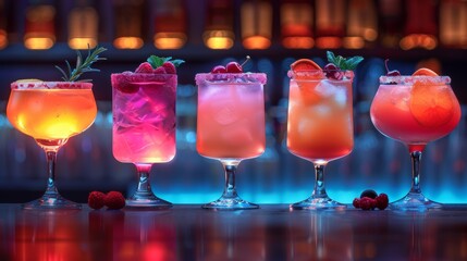 Five vibrant cocktails displayed in elegant stemware on the bar