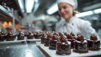 Chef in hat creates sweet chocolate desserts with joy and skill
