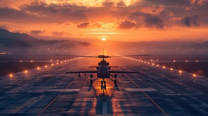 Helicopter parked on runway at sunset, under afterglow sky