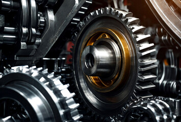 Close-up of crashed engine gear wheels in  industrial factory plant. View of engine gear wheels, close up. Industrialization and industry technology concept. Gen ai illustration. Copy ad text space