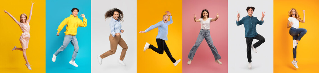 Diverse Group of People Jumping Against Vibrant Multi-Colored Backgrounds