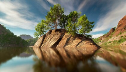 green trees on brown rock formation on lake during daytime. AI Generative  - Powered by Adobe