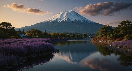 An ultra detailed, realistic, digital art, featuring Mt. Fuji: Showcase Japan's iconic landmark, Mt. Fuji, in different seasons and perspectives, from its majestic snow-capped peak to the surrounding 