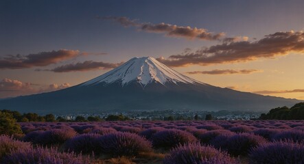 An ultra detailed, realistic, digital art, featuring Mt. Fuji: Showcase Japan's iconic landmark, Mt. Fuji, in different seasons and perspectives, from its majestic snow-capped peak to the surrounding 