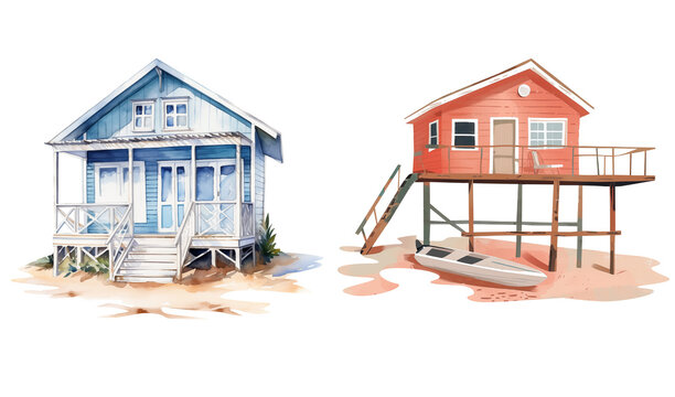 Watercolor isolated illustration of beach houses
