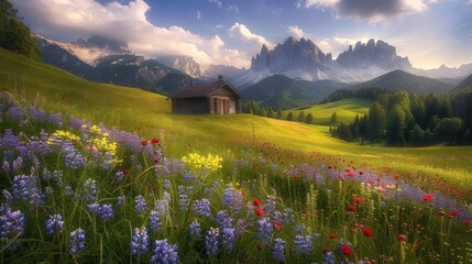 Blooming flowers fill the fields in the Dolomites mountains of Italy. - obrazy, fototapety, plakaty