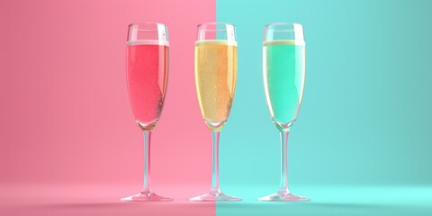 Vibrant Glasses: A Trio of Colorful Liquids on Pink and Blue