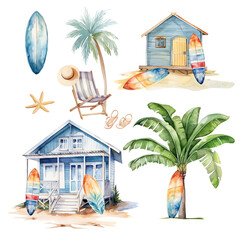 Watercolor summer isolated illustrations, beach house, palm trees, surfboards, chaise lounge, starfishes, beach vacation and surfing clipart