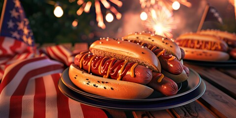 A Plate Full Of Hot Dogs And The USA Flag On The Side On Top Of a Picnic Table, 4th Of July Party, Fireworks In The Background