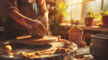A DIY pottery session in a sunlit studio with hands molding clay on a spinning wheel. - obrazy, fototapety, plakaty