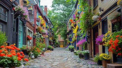 Cobblestone Street Lined With Colorful Flowers - obrazy, fototapety, plakaty