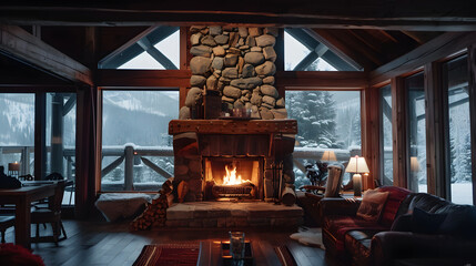 A cozy mountain cabin interior with a stone fireplace and wooden beams.