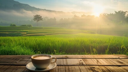 Cup of coffee on a wooden table with a breathtaking view of a green rice field bathed in the morning sunrise.
