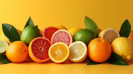 Assorted Oranges, Lemons, and Grapefruits on Yellow Background