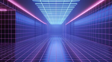 Illuminated Long Hallway With Neon Lights and Tiled Floors - obrazy, fototapety, plakaty