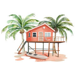 Watercolor isolated illustration of beach house, palm trees, sand, surfboard 