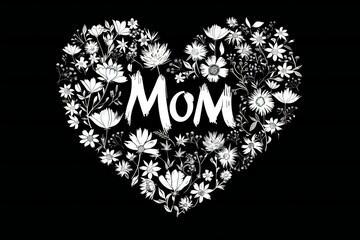 black and white heart with word "mom" inside. a bouquet of blooming flowers. Mother's Day holiday card, concept. Family, love 