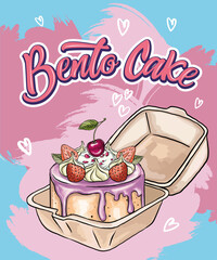 Cute shaped bento cake with strawberries. Romantic dessert. Valentine day and anniversary pastry food. Love sticker for card, poster, collage design.