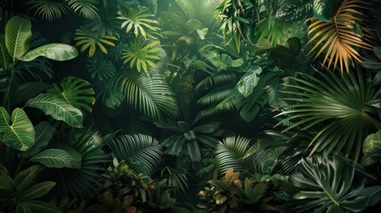 Lush greenery in a tropical jungle, with dark green leaves. - obrazy, fototapety, plakaty