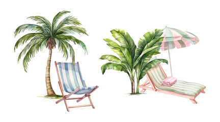 Watercolor summer isolated illustrations, palm trees and chaise lounge, beach umbrella, beach clipart
