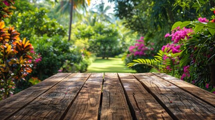 Wooden Table in Garden With Flowers - obrazy, fototapety, plakaty