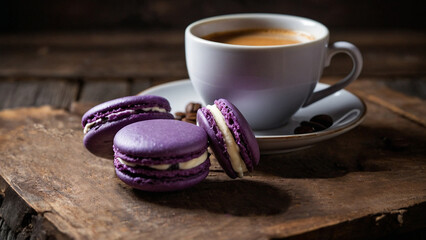 Purple macaroons on a plate on a wooden antique background with a cup of coffee