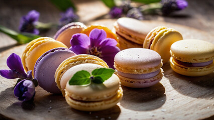 Beige and one purple macarons on a white wooden background with flower petals