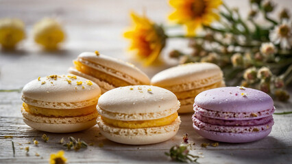 Four beige and one purple macarons on a white wooden background with a bouquet of flowers