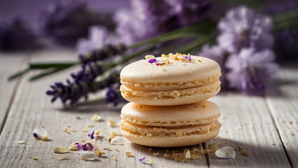 Two delicate beige macaroons on a white wooden background with lavender flowers