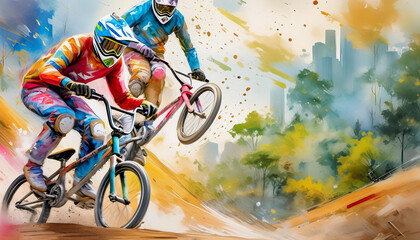 Naklejka premium Two BMX riders racing on a dirt track against a cityscape