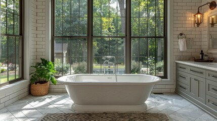 Modern Bathroom With Tub, Sink, and Large Windows
