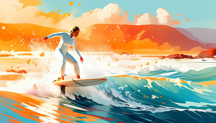 Hydrofoil surfer at sunset, vibrant colors, dynamic motion