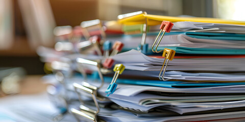 Extreamly close up the stacking of office working document with paper clip folder at office
