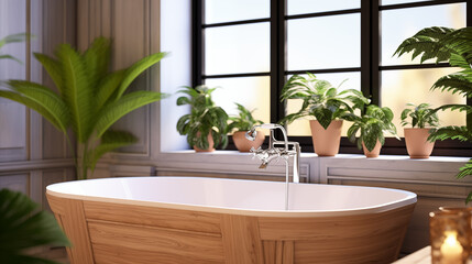 Baignoire dans une salle de bain style scandinave, avec bois, fenêtres et plantes. Naturel, clair, lumineux. Bien-être, douche, salle d'eau. Pour conception et création graphique. - obrazy, fototapety, plakaty