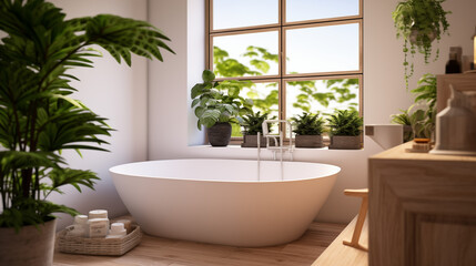 Baignoire dans une salle de bain style scandinave, avec bois, fenêtres et plantes. Naturel, clair, lumineux. Bien-être, douche, salle d'eau. Pour conception et création graphique. - obrazy, fototapety, plakaty