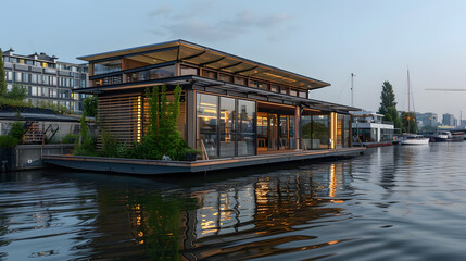 A floating community center offering educational programs and social services on a sustainably powered platform. - obrazy, fototapety, plakaty