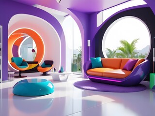 Modern Vibrant Living Room with Futuristic Furniture, Colorful Sofa, and Unique Architecture.