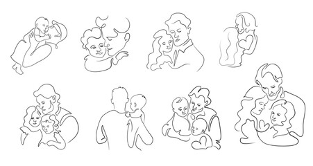Set of father hug children, with daughter and son, in the line art style