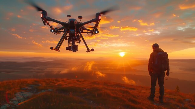 Man stands on hill, watches drone in sky at sunset, happy gesture