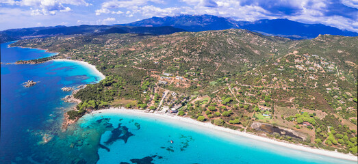 Best beaches of Corsica island. Aerial drone view of beautiful beaches near Porto Vecchio - Palombaggia, Tamaricciu, Folaca with turquoise sea and white sand - 785672936