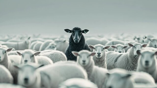 Stand Out: Lone Black Sheep Amidst a Flock of White Sheep. A black sheep standing distinct in a group of white sheep, symbolizing uniqueness.