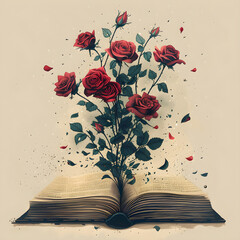 Illustration of roses coming out of a book in Sant Jordi, a celebration of the day of the book in Spain.