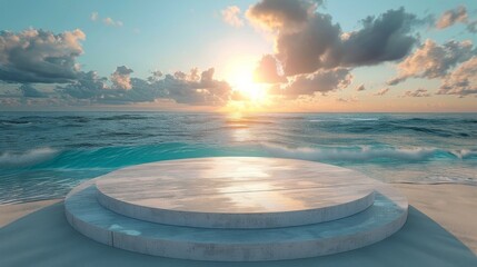 Sun Setting Over Ocean on Beach - obrazy, fototapety, plakaty