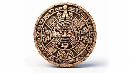 
A vector illustration depicts the Mayan calendar, an ancient Mexican round stone adorned with hieroglyph symbols. This iconic artifact from Aztec culture represents their religion, - obrazy, fototapety, plakaty