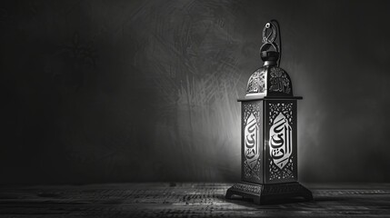 A black and white photograph captures a lamp adorned with Arabic text that reads "Ramadan." This image serves as a poignant reminder of the significance of the Muslim holy month