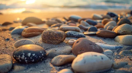 Poster Im Rahmen Close-up of stones scattered on a beach, showcasing their textures, shapes, and colors against the backdrop of sand and sea. © DreamPointArt