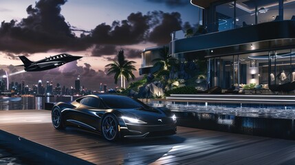 car with jet flying over a luxury modern waterfront villa