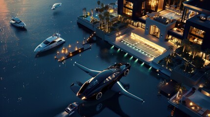 car with jet flying over a luxury modern waterfront villa - obrazy, fototapety, plakaty