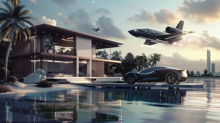car with jet flying over a luxury modern waterfront villa